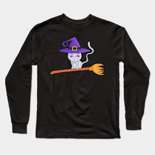 Witch Cat Flying on a Broom Long Sleeve T-Shirt